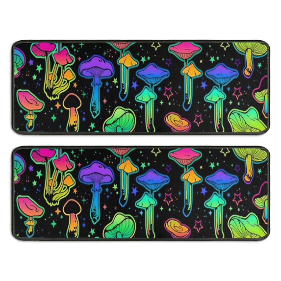 Kitchen Rugs Sets Of 2,Colorful Mushroom Star Black Pattern Anti Fatigue Kitchen Mat Rugs Non Slip Washable,Decorative Kitchen Floor Mats for Kitchen,Sink,Laundry,17"x47"+17"x47"