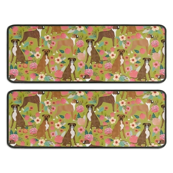 Kitchen Rugs Sets Of 2,Cute Boxer Dog and Flowers Florals Anti Fatigue Kitchen Mat Rugs Non Slip Washable,Decorative Kitchen Floor Mats for Kitchen,Sink,Laundry,17"x47"+17"x47"