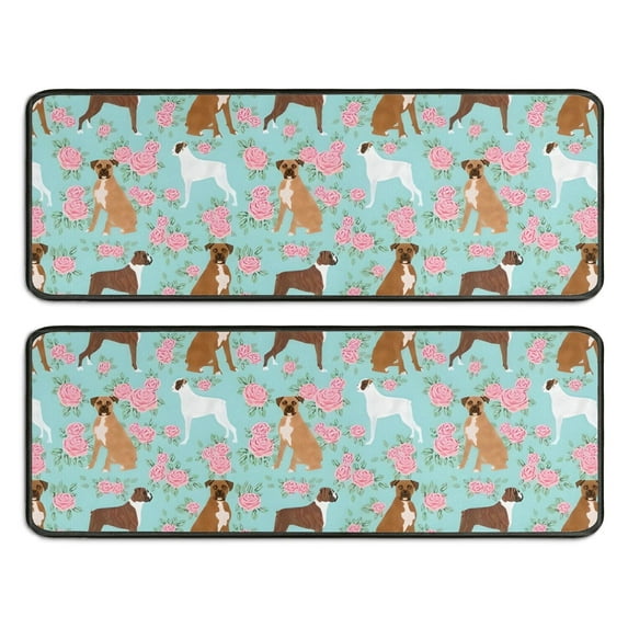 Kitchen Rugs Sets Of 2,Cute Boxer Dog and Flowers Florals Anti Fatigue Kitchen Mat Rugs Non Slip Washable,Decorative Kitchen Floor Mats for Kitchen,Sink,Laundry,17"x47"+17"x47"