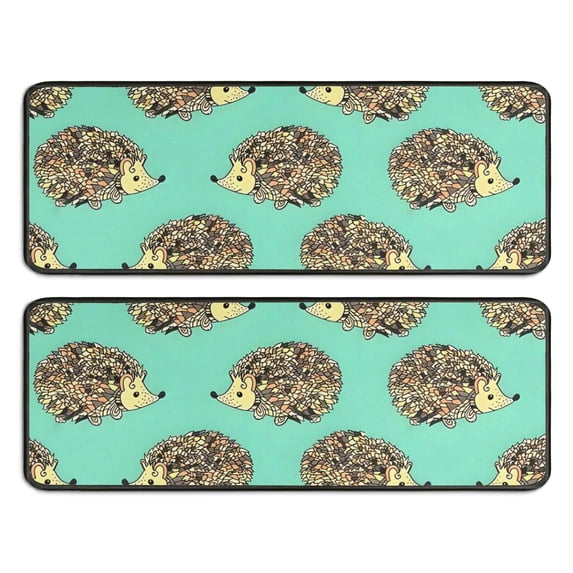 Kitchen Rugs Sets Of 2,Cute Green Hedgehog Pattern Anti Fatigue Kitchen Mat Rugs Non Slip Washable,Decorative Kitchen Floor Mats for Kitchen,Sink,Laundry,17"x47"+17"x47"