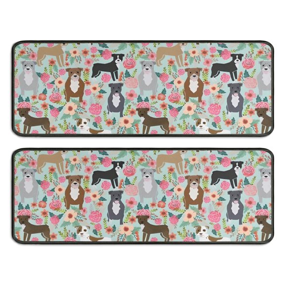 Kitchen Rugs Sets Of 2,Cute Pitbull Terriers Dog and Flower Anti Fatigue Kitchen Mat Rugs Non Slip Washable,Decorative Kitchen Floor Mats for Kitchen,Sink,Laundry,17"x47"+17"x47"