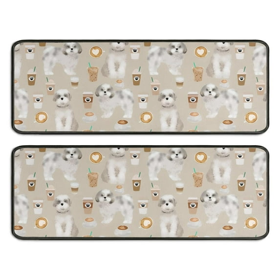 Kitchen Rugs Sets Of 2,Cute Shih Tzu Dog and Coffee Pattern Anti Fatigue Kitchen Mat Rugs Non Slip Washable,Decorative Kitchen Floor Mats for Kitchen,Sink,Laundry,17"x47"+17"x47"