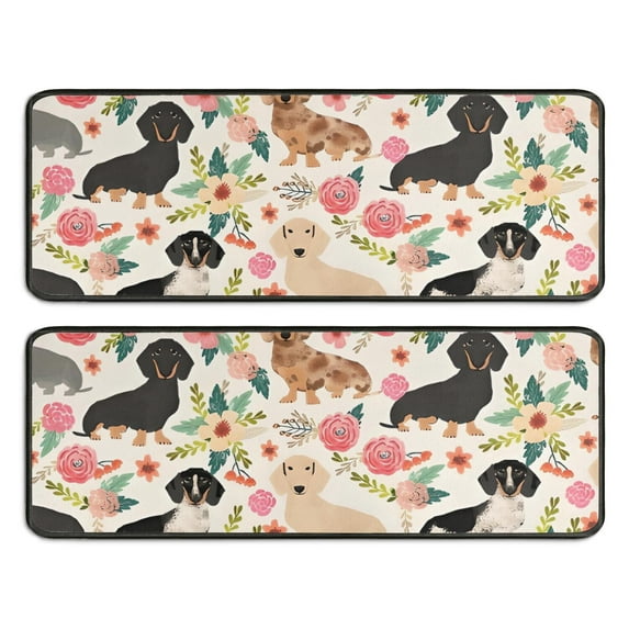Kitchen Rugs Sets Of 2,Dachshund and Flower Anti Fatigue Kitchen Mat Rugs Non Slip Washable,Decorative Kitchen Floor Mats for Kitchen,Sink,Laundry,17"x47"+17"x47"