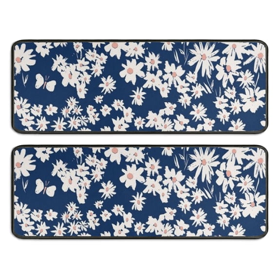 Kitchen Rugs Sets Of 2,Dark Blue Daisy Flower Pattern Anti Fatigue Kitchen Mat Rugs Non Slip Washable,Decorative Kitchen Floor Mats for Kitchen,Sink,Laundry,17"x47"+17"x47"