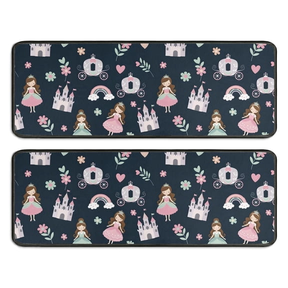 Kitchen Rugs Sets Of 2,Dark Blue Princess Castle Pattern Anti Fatigue Kitchen Mat Rugs Non Slip Washable,Decorative Kitchen Floor Mats for Kitchen,Sink,Laundry,17"x47"+17"x47"