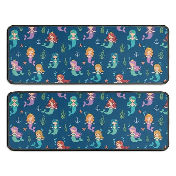 Kitchen Rugs Sets Of 2,Dark Blue Princess Mermaid Sea Pattern Anti Fatigue Kitchen Mat Rugs Non Slip Washable,Decorative Kitchen Floor Mats for Kitchen,Sink,Laundry,17"x47"+17"x47"