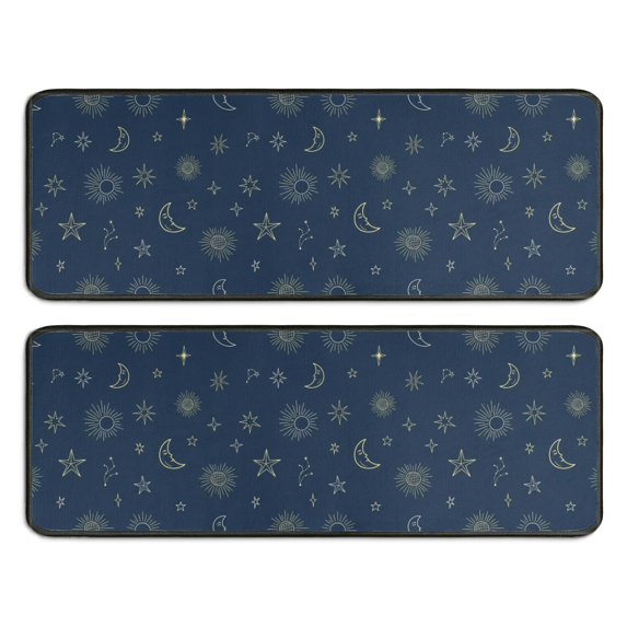 Kitchen Rugs Sets Of 2,Dark Blue Star Moon Sun Pattern Anti Fatigue Kitchen Mat Rugs Non Slip Washable,Decorative Kitchen Floor Mats for Kitchen,Sink,Laundry,17"x47"+17"x47"