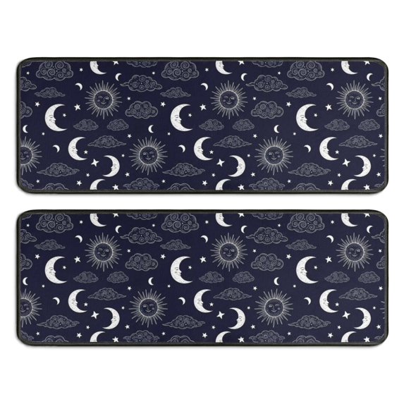 Kitchen Rugs Sets Of 2,Dark Blue Sun Moon Cloud Pattern Anti Fatigue Kitchen Mat Rugs Non Slip Washable,Decorative Kitchen Floor Mats for Kitchen,Sink,Laundry,17"x47"+17"x47"