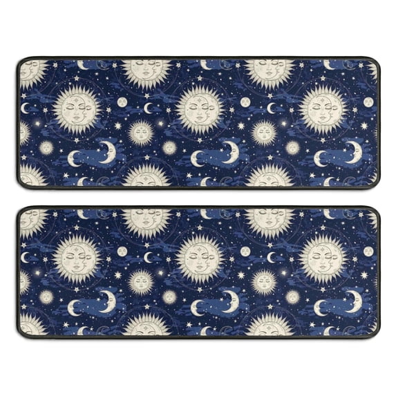 Kitchen Rugs Sets Of 2,Dark Blue Sun Moon Star Pattern Anti Fatigue Kitchen Mat Rugs Non Slip Washable,Decorative Kitchen Floor Mats for Kitchen,Sink,Laundry,17"x47"+17"x47"