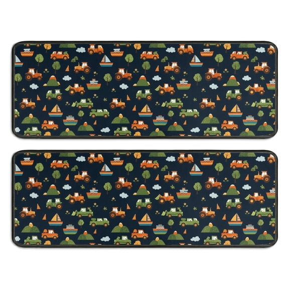 Kitchen Rugs Sets Of 2,Dark Blue Tractor Boat Car Pattern Anti Fatigue Kitchen Mat Rugs Non Slip Washable,Decorative Kitchen Floor Mats for Kitchen,Sink,Laundry,17"x47"+17"x47"