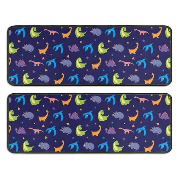 Kitchen Rugs Sets Of 2,DarkBlue Dinosaurs with Shapes Pattern Anti Fatigue Kitchen Mat Rugs Non Slip Washable,Decorative Kitchen Floor Mats for Kitchen,Sink,Laundry,17"x47"+17"x47"