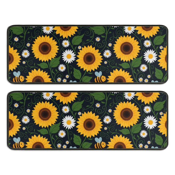 Kitchen Rugs Sets Of 2,DarkBlue Sunflower Bee Pattern Anti Fatigue Kitchen Mat Rugs Non Slip Washable,Decorative Kitchen Floor Mats for Kitchen,Sink,Laundry,17"x47"+17"x47"