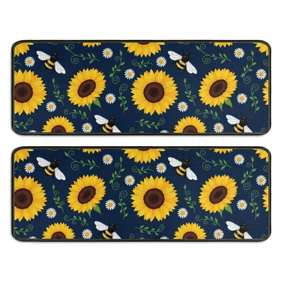 Kitchen Rugs Sets Of 2,DarkBlue Sunflower Bee Pattern Anti Fatigue Kitchen Mat Rugs Non Slip Washable,Decorative Kitchen Floor Mats for Kitchen,Sink,Laundry,17"x47"+17"x47"