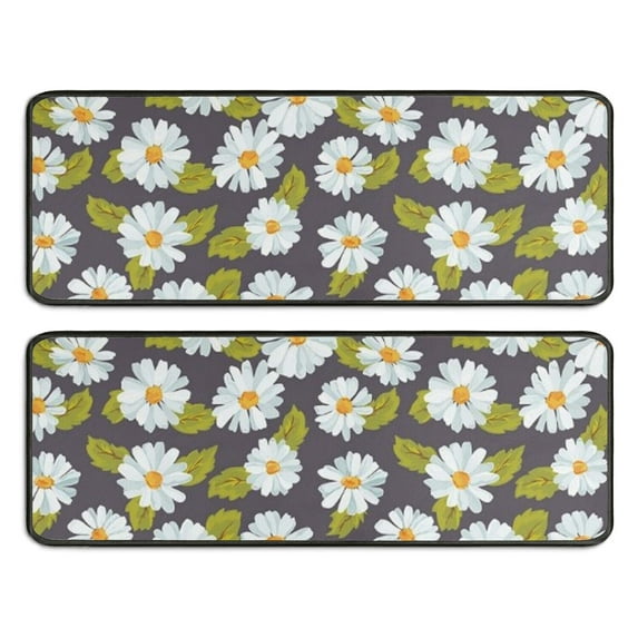 Kitchen Rugs Sets Of 2,Darkgray Daisy Flower Green Leaves Pattern Anti Fatigue Kitchen Mat Rugs Non Slip Washable,Decorative Kitchen Floor Mats for Kitchen,Sink,Laundry,17"x47"+17"x47"