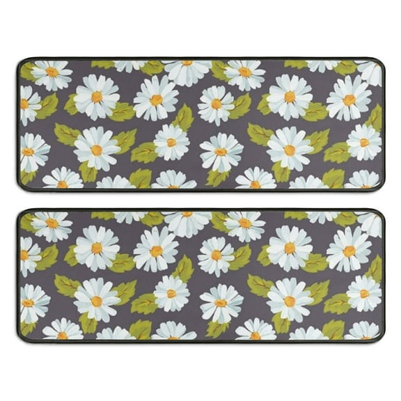 Kitchen Rugs Sets Of 2,Darkgray Daisy Flower Green Leaves Pattern Anti Fatigue Kitchen Mat Rugs Non Slip Washable,Decorative Kitchen Floor Mats for Kitchen,Sink,Laundry,17"x47"+17"x47"