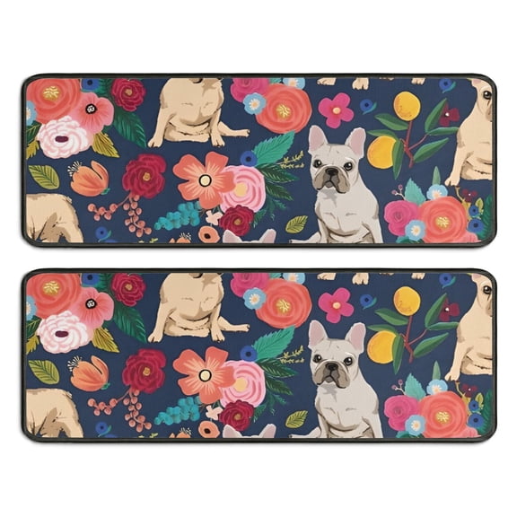 Kitchen Rugs Sets Of 2,French Bulldog Dog and Pioneer Flower Anti Fatigue Kitchen Mat Rugs Non Slip Washable,Decorative Kitchen Floor Mats for Kitchen,Sink,Laundry,17"x47"+17"x47"