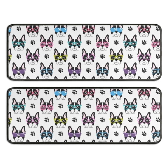 Kitchen Rugs Sets Of 2,French Bulldog with Glasses White Anti Fatigue Kitchen Mat Rugs Non Slip Washable,Decorative Kitchen Floor Mats for Kitchen,Sink,Laundry,17"x47"+17"x47"