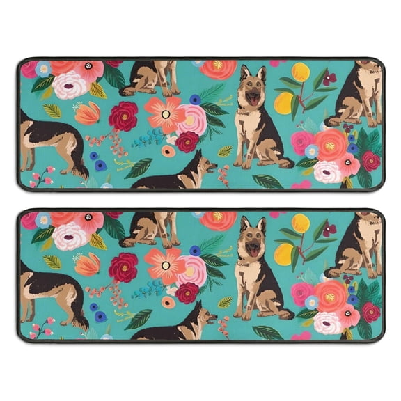 Kitchen Rugs Sets Of 2,German Shepherd Dog and Flower Anti Fatigue Kitchen Mat Rugs Non Slip Washable,Decorative Kitchen Floor Mats for Kitchen,Sink,Laundry,17"x47"+17"x47"