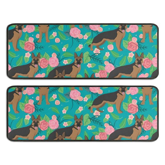 Kitchen Rugs Sets Of 2,German Shepherd Dog and Flower Anti Fatigue Kitchen Mat Rugs Non Slip Washable,Decorative Kitchen Floor Mats for Kitchen,Sink,Laundry,17"x47"+17"x47"