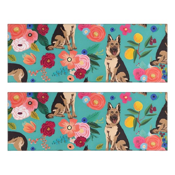 Kitchen Rugs Sets Of 2,German Shepherd with Pioneer Flower Anti Fatigue Kitchen Mat Rugs Non Slip Washable,Decorative Kitchen Floor Mats for Kitchen,Sink,Laundry,17"X47"