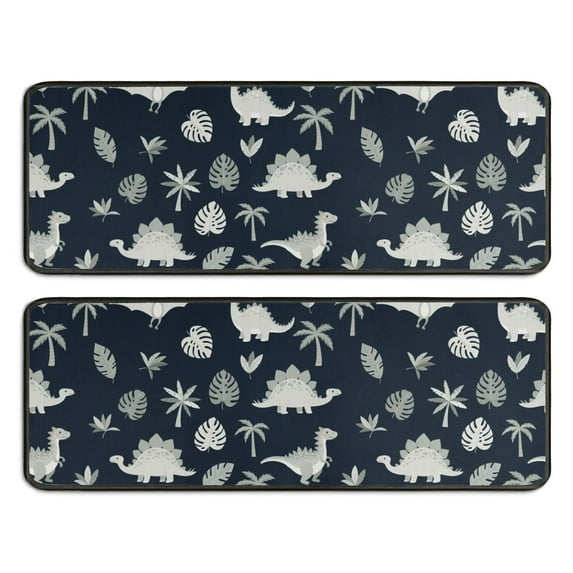 Kitchen Rugs Sets Of 2,Gray Dinosaurs Exotic Leaves Anti Fatigue Kitchen Mat Rugs Non Slip Washable,Decorative Kitchen Floor Mats for Kitchen,Sink,Laundry,17"x47"+17"x47"