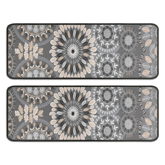 Kitchen Rugs Sets Of 2,Gray Floral Mandala and Leaf Pattern Anti Fatigue Kitchen Mat Rugs Non Slip Washable,Decorative Kitchen Floor Mats for Kitchen,Sink,Laundry,17"x47"+17"x47"