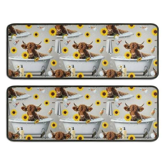Kitchen Rugs Sets Of 2,Gray Highland Cow Bathtub Sunflower Pattern Anti Fatigue Kitchen Mat Rugs Non Slip Washable,Decorative Kitchen Floor Mats for Kitchen,Sink,Laundry,17"x47"+17"x47"