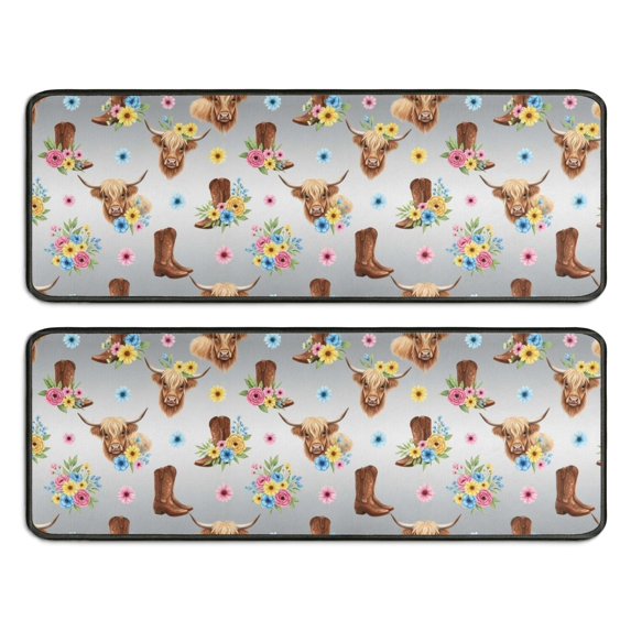 Kitchen Rugs Sets Of 2,Gray Highland Cow Flower Boot Pattern Anti Fatigue Kitchen Mat Rugs Non Slip Washable,Decorative Kitchen Floor Mats for Kitchen,Sink,Laundry,17"x47"+17"x47"