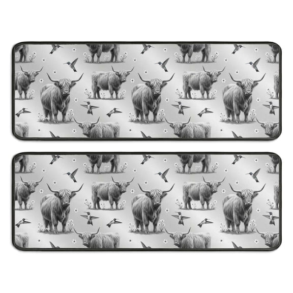 Kitchen Rugs Sets Of 2,Gray Highland Cow Hummingbird Pattern Anti Fatigue Kitchen Mat Rugs Non Slip Washable,Decorative Kitchen Floor Mats for Kitchen,Sink,Laundry,17"x47"+17"x47"