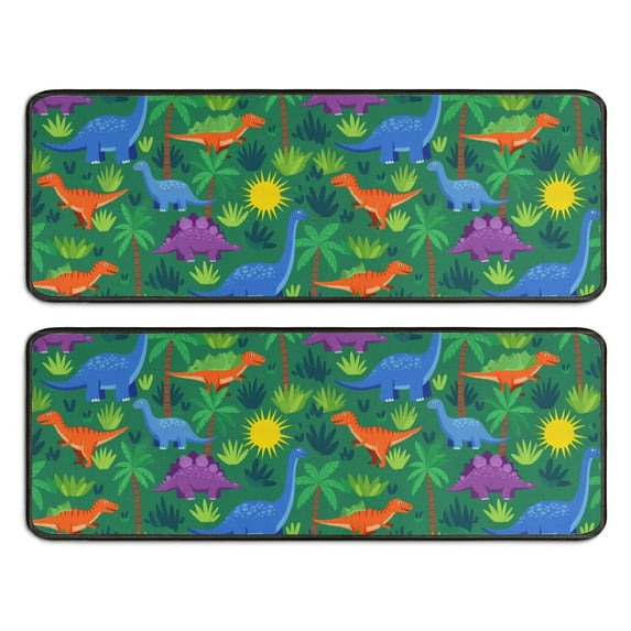 Kitchen Rugs Sets Of 2,Green Cartoon Dinosaurs Palm Trees Sun Pattern Anti Fatigue Kitchen Mat Rugs Non Slip Washable,Decorative Kitchen Floor Mats for Kitchen,Sink,Laundry,17"x47"+17"x47"