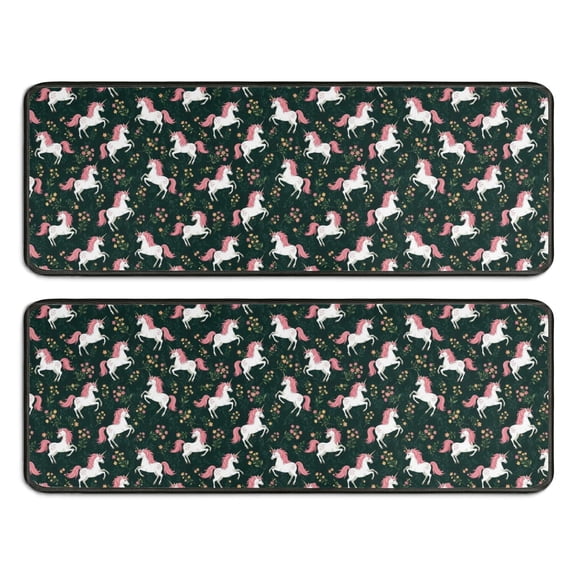 Kitchen Rugs Sets Of 2,Green Cartoon Unicorn Flower Pattern Anti Fatigue Kitchen Mat Rugs Non Slip Washable,Decorative Kitchen Floor Mats for Kitchen,Sink,Laundry,17"x47"+17"x47"