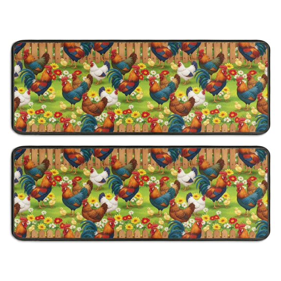 Kitchen Rugs Sets Of 2,Green Chicken Farm Pattern Anti Fatigue Kitchen Mat Rugs Non Slip Washable,Decorative Kitchen Floor Mats for Kitchen,Sink,Laundry,17"x47"+17"x47"