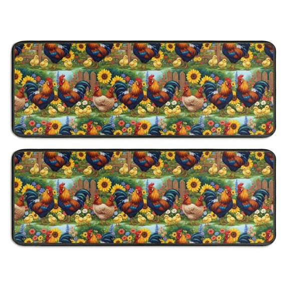 Kitchen Rugs Sets Of 2,Green Chicken Sunflower Pattern Anti Fatigue Kitchen Mat Rugs Non Slip Washable,Decorative Kitchen Floor Mats for Kitchen,Sink,Laundry,17"x47"+17"x47"