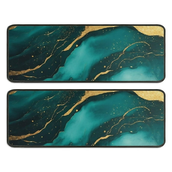 Kitchen Rugs Sets Of 2,Green and Gold Marble Glitter Waves Pattern Anti Fatigue Kitchen Mat Rugs Non Slip Washable,Decorative Kitchen Floor Mats for Kitchen,Sink,Laundry,17"x47"+17"x47"