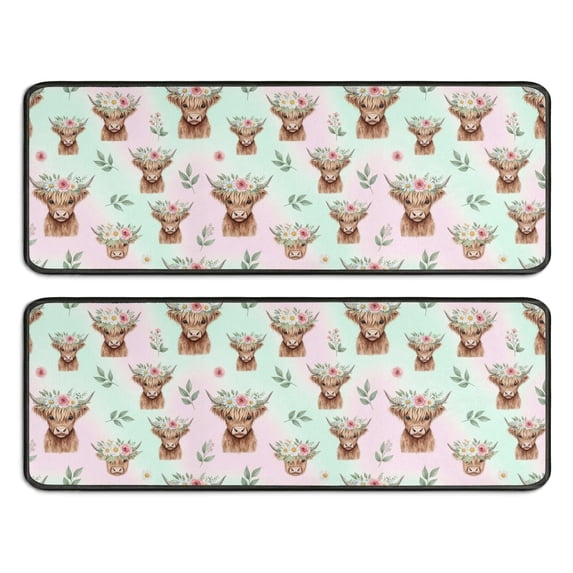 Kitchen Rugs Sets Of 2,Green Highland Cow Flower Pattern Anti Fatigue Kitchen Mat Rugs Non Slip Washable,Decorative Kitchen Floor Mats for Kitchen,Sink,Laundry,17"x47"+17"x47"