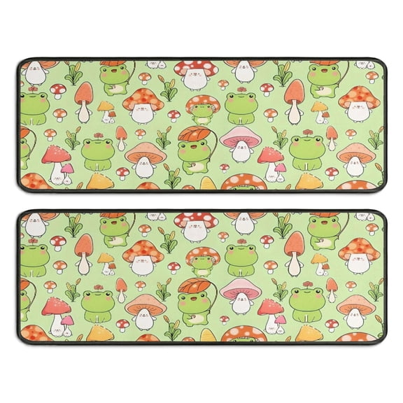 Kitchen Rugs Sets Of 2,Green Mushroom Frog Green Pattern Anti Fatigue Kitchen Mat Rugs Non Slip Washable,Decorative Kitchen Floor Mats for Kitchen,Sink,Laundry,17"x47"+17"x47"