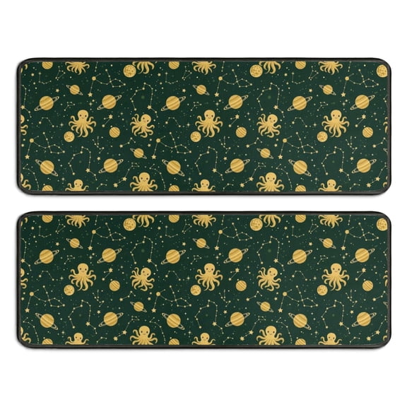 Kitchen Rugs Sets Of 2,Green Octopus Planet Star Pattern Anti Fatigue Kitchen Mat Rugs Non Slip Washable,Decorative Kitchen Floor Mats for Kitchen,Sink,Laundry,17"x47"+17"x47"