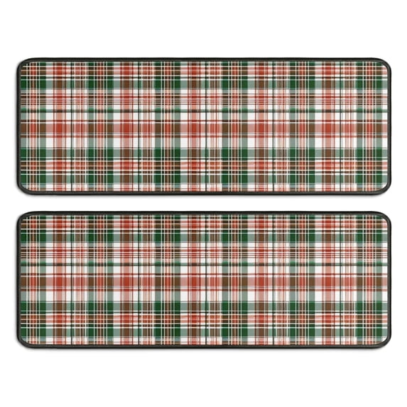 Kitchen Rugs Sets Of 2,Green Red Brown and White Checkered Pattern Anti Fatigue Kitchen Mat Rugs Non Slip Washable,Decorative Kitchen Floor Mats for Kitchen,Sink,Laundry,17"x47"+17"x47"