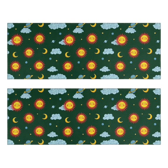 Kitchen Rugs Sets Of 2,Green Sun Moon Cloud Planet Pattern Anti Fatigue Kitchen Mat Rugs Non Slip Washable,Decorative Kitchen Floor Mats for Kitchen,Sink,Laundry,17"X47"
