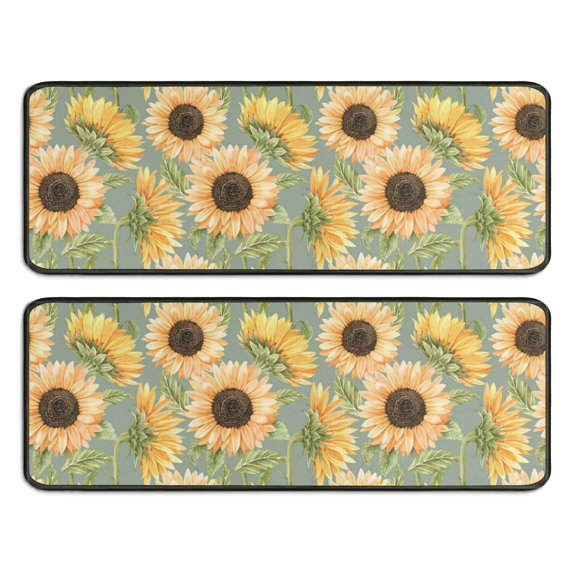Kitchen Rugs Sets Of 2,Green Sunflower Pattern Anti Fatigue Kitchen Mat Rugs Non Slip Washable,Decorative Kitchen Floor Mats for Kitchen,Sink,Laundry,17"x47"+17"x47"