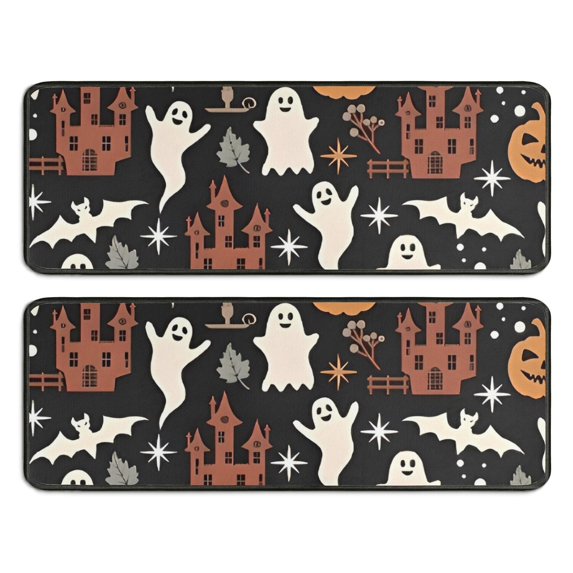 Kitchen Rugs Sets Of 2,Halloween Ghosts Bats and Castles Anti Fatigue Kitchen Mat Rugs Non Slip Washable,Decorative Kitchen Floor Mats for Kitchen,Sink,Laundry,17"x47"+17"x47"