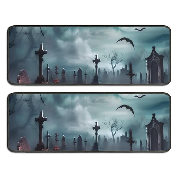 Kitchen Rugs Sets Of 2,Halloween Graveyard Scene Pattern Anti Fatigue Kitchen Mat Rugs Non Slip Washable,Decorative Kitchen Floor Mats for Kitchen,Sink,Laundry,17"x47"+17"x47"