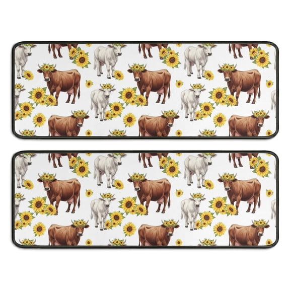 Kitchen Rugs Sets Of 2,Highland Cow Sunflower Cow Pattern Anti Fatigue Kitchen Mat Rugs Non Slip Washable,Decorative Kitchen Floor Mats for Kitchen,Sink,Laundry,17"x47"+17"x47"