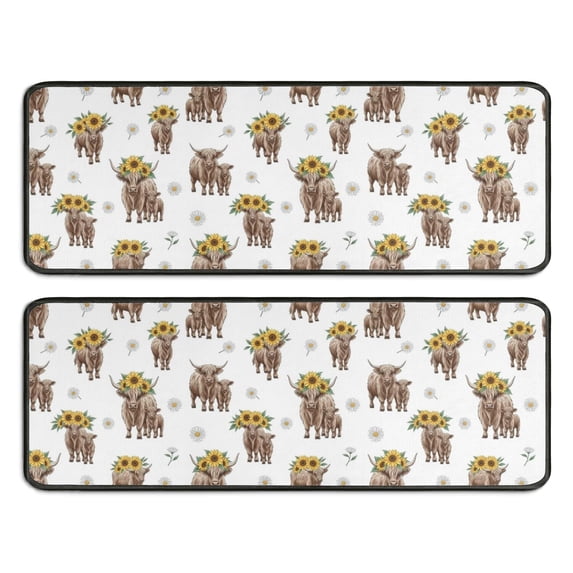 Kitchen Rugs Sets Of 2,Highland Cow Sunflower Daisy Pattern Anti Fatigue Kitchen Mat Rugs Non Slip Washable,Decorative Kitchen Floor Mats for Kitchen,Sink,Laundry,17"x47"+17"x47"