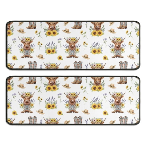 Kitchen Rugs Sets Of 2,Highland Cow Sunflower Hat Boot Pattern Anti Fatigue Kitchen Mat Rugs Non Slip Washable,Decorative Kitchen Floor Mats for Kitchen,Sink,Laundry,17"x47"+17"x47"