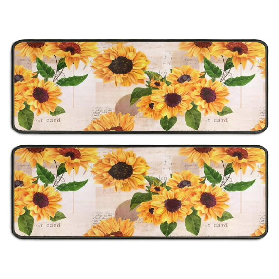 Kitchen Rugs Sets Of 2,Leaf Newspaper Text Sunflower Pattern Anti Fatigue Kitchen Mat Rugs Non Slip Washable,Decorative Kitchen Floor Mats for Kitchen,Sink,Laundry,17"x47"+17"x47"