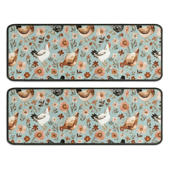 Kitchen Rugs Sets Of 2,Light Blue Chicken Floral Pattern Anti Fatigue Kitchen Mat Rugs Non Slip Washable,Decorative Kitchen Floor Mats for Kitchen,Sink,Laundry,17"x47"+17"x47"