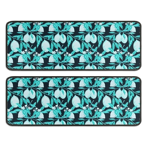 Kitchen Rugs Sets Of 2,LightBlue Lemon Fruits DarkBlue Pattern Anti Fatigue Kitchen Mat Rugs Non Slip Washable,Decorative Kitchen Floor Mats for Kitchen,Sink,Laundry,17"x47"+17"x47"