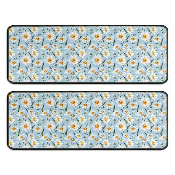 Kitchen Rugs Sets Of 2,Lightblue Daisy Flower Green Dots Pattern Anti Fatigue Kitchen Mat Rugs Non Slip Washable,Decorative Kitchen Floor Mats for Kitchen,Sink,Laundry,17"x47"+17"x47"