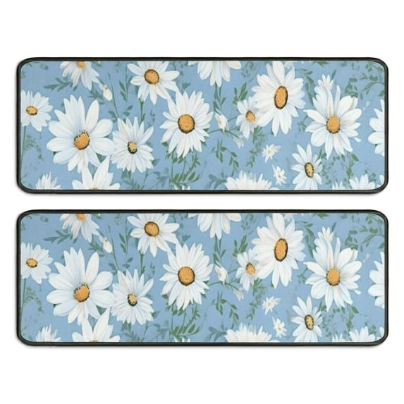 Kitchen Rugs Sets Of 2,Lightblue Daisy Flower Green Leaves Pattern Anti Fatigue Kitchen Mat Rugs Non Slip Washable,Decorative Kitchen Floor Mats for Kitchen,Sink,Laundry,17"x47"+17"x47"